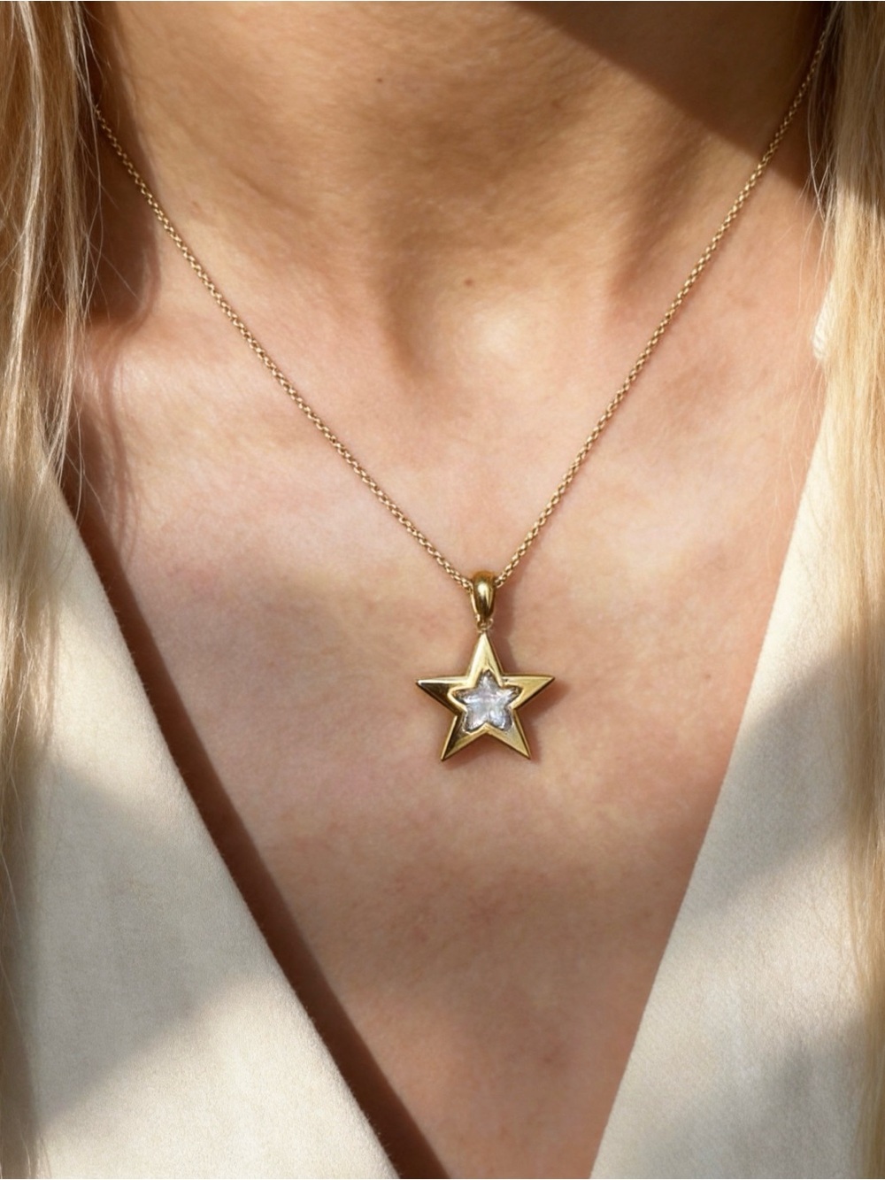 Gold Star Pendant Necklace with Crystal Accent